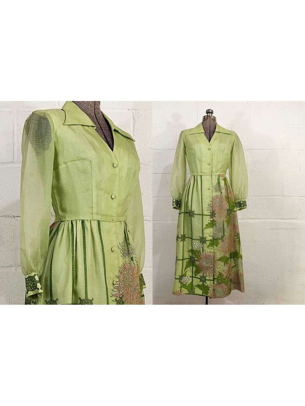 Alfred Shaheen Dress Floral Bishop Sleeves Hostess Green Small 1970s